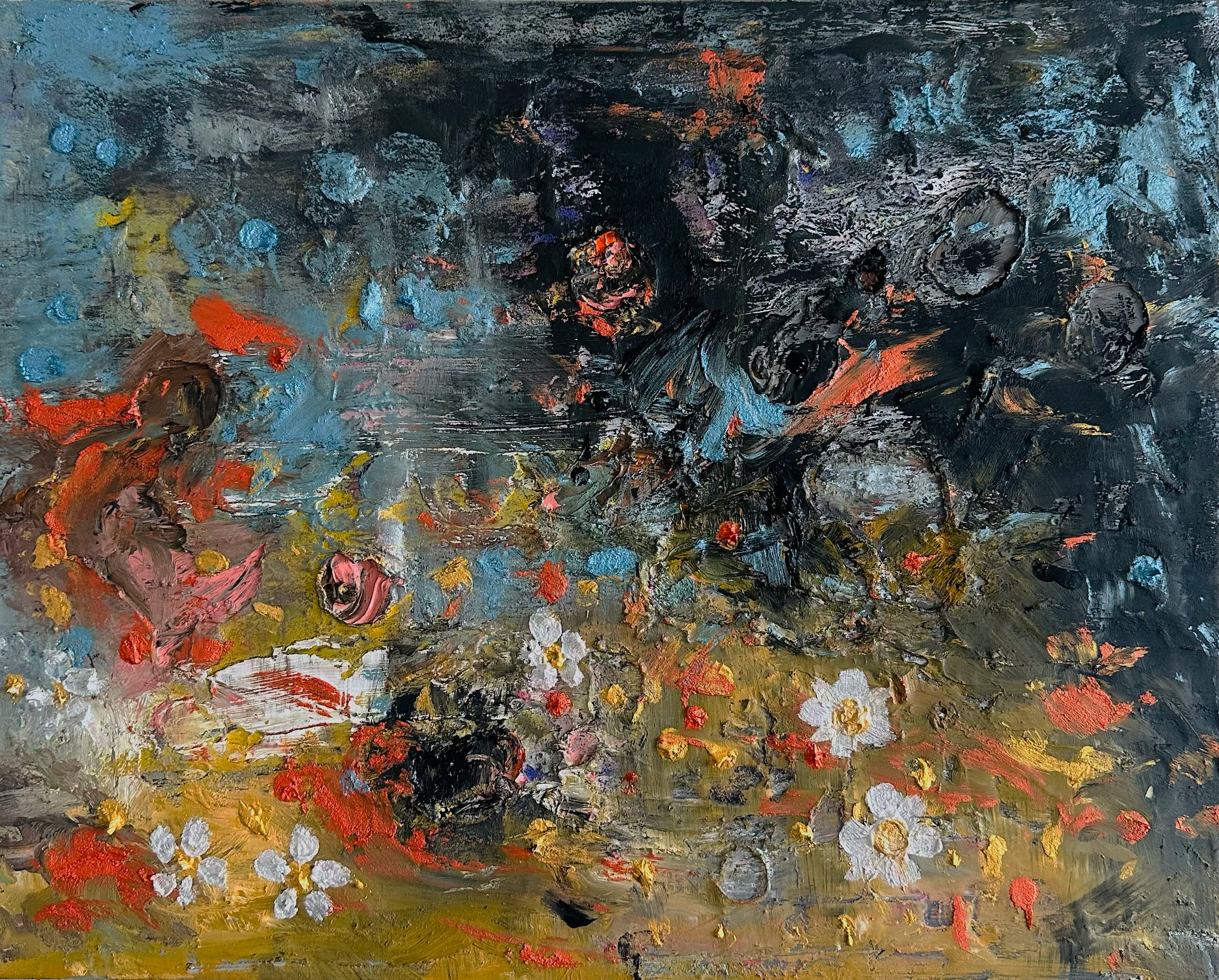 The Garden Under Fire, 2026 — mixed media (oil, resin, glue) by Hadis Bahrami, 21 × 17 in.